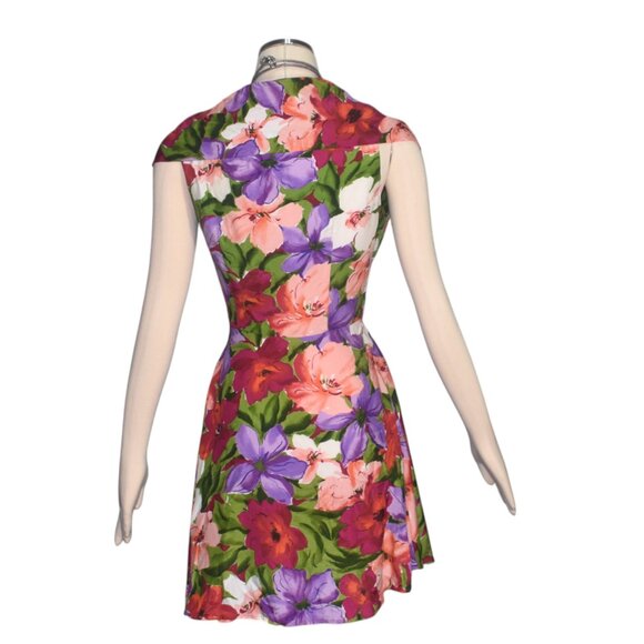 Vintage 80s Rayon wrap Mini Dress Collar Floral Print La Belle S - Picture 4 of 8